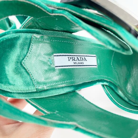 Prada Green Velvet Crystal Strappy Chunky Block Heel Platform Sandal size IT 36 - Picture 8 of 11